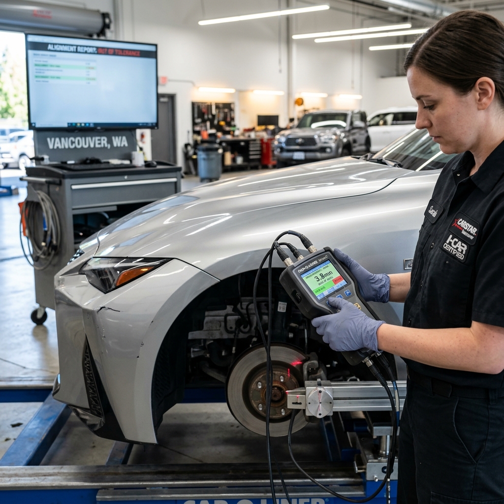 Technician using digital tools to check for hidden car damage after an accident in Vancouver, WA