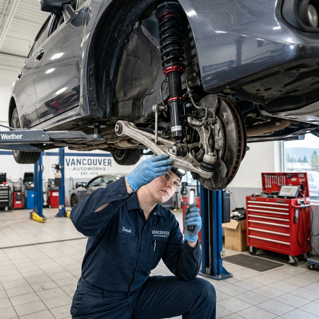 Technician inspecting a vehicle's suspension system after a collision in Vancouver, WA