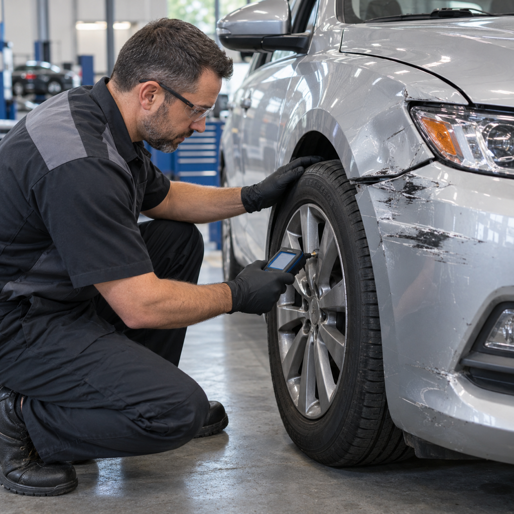 A collision repair technician checking a vehicle's tire pressure monitoring sensor after front-corner damage