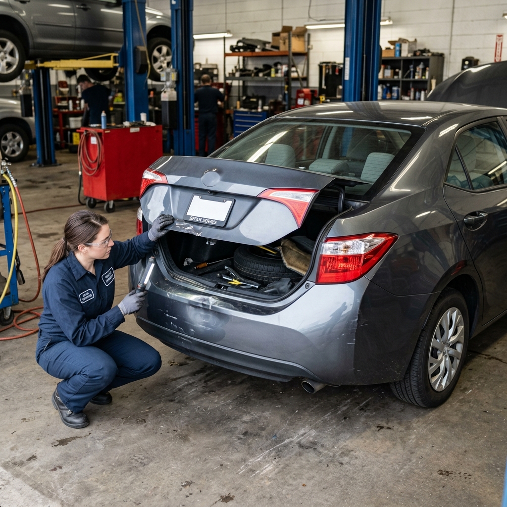 A generic modern car's trunk and rear bumper area being inspected after a minor rear-end collision