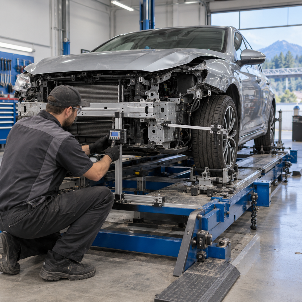 A collision repair technician measuring a vehicle's structural alignment on a frame rack