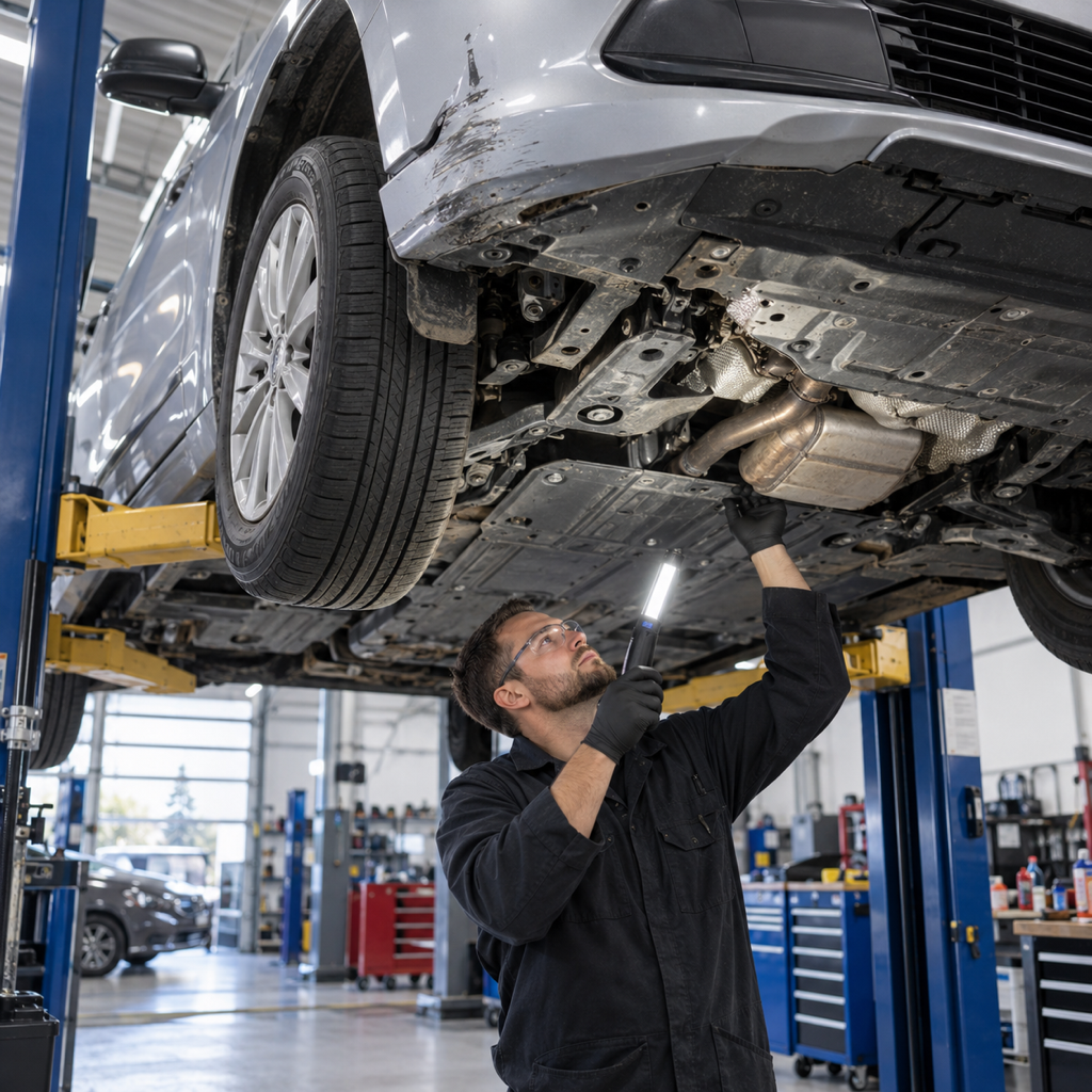 A collision repair technician inspecting the underbody of a vehicle raised safely on a lift