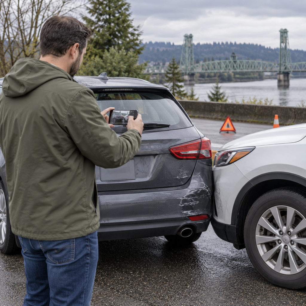 A driver safely photographing vehicle damage after a minor car accident in Vancouver, Washington